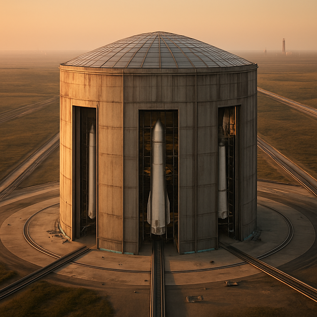 The Orbital Rotation Complex, a circular rotational manufacturing structure with vertical build bays at the hub of radiating maglev rail spurs